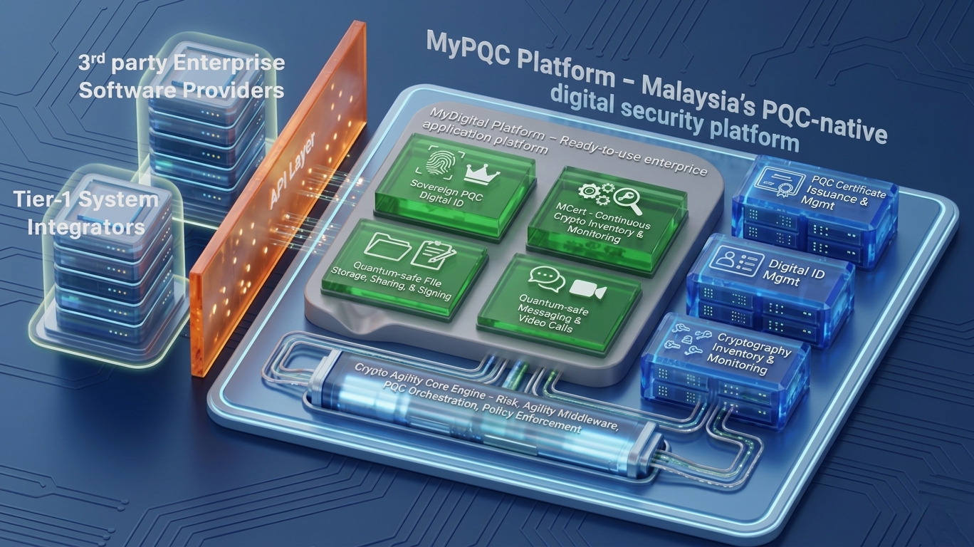MyPQC Platform architecture: 3rd party enterprise software and Tier-1 system integrators connect through the API Layer into the MyPQC Platform — the MyDigital Platform of ready-to-use applications (Sovereign PQC Digital ID, MCERT Crypto Inventory & Monitoring, Quantum-safe File Storage/Sharing/Signing, Quantum-safe Messaging & Video Calls), Core Cryptographic Services (PQC Certificate Issuance & Management, Digital ID Management, Cryptography Inventory & Monitoring), and the Crypto Agility Core Engine providing Risk, Agility Middleware, PQC Orchestration, and Policy Enforcement.
